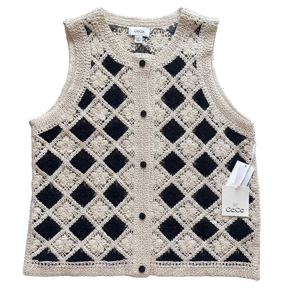 CeCe Crochet Granny Square Floral Button Front Sweater Vest Cream Black M NWT